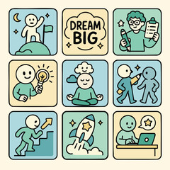 Dream big illustrations showcase creativity, motivation, and personal growth through various
