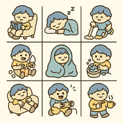 Cozy lifestyle illustrations of boy enjoying various activities like reading, sleeping