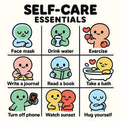 Obraz premium Self care essentials include face mask, drink water, exercise, and more for well being