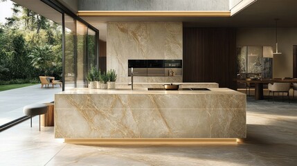 Modern, open-plan kitchen with luxurious marble countertops, seamless design