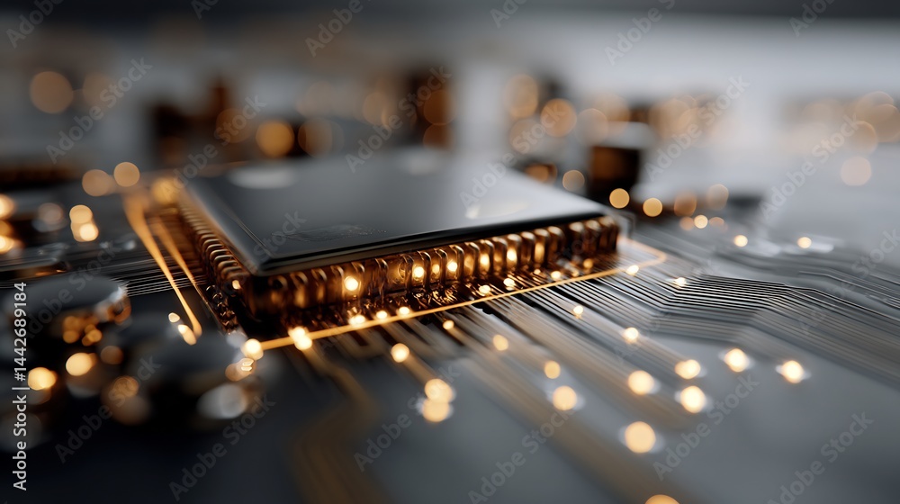 Poster macro shot showcasing a microchip with intricate circuits and bokeh lights