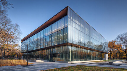 Obraz premium contemporary glass building with sharp geometric lines and modern design, surrounded by trees