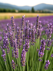 Obraz premium A vibrant field of lavender in full bloom, with rows of purple flowers stretching into the distance under a bright summer sky, creating a peaceful and calming atmosphere