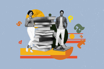 Pop art full zine photo collage of happy girl guy stand library academic book stack education learner letters vocabulary encyclopedia