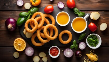 A Delicious Spread of Fried Onion Rings and Condiments