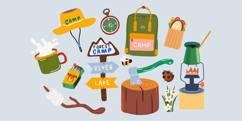 Outdoor lifestyle. Camping adventure. Vector elements for outdoor activities in the forest and mountains. Tourism, journey, adventure, recreation, vacation concept