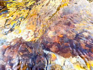 vibrant moving water pattern over assorted river stones. light reflections and surface movement....