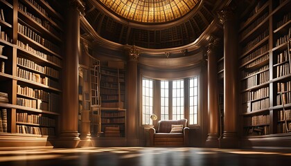 A Classical Library with a Sunlit Window