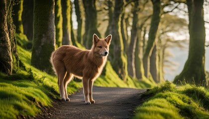 A dog on a path in the forest