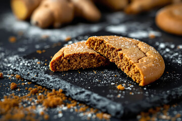 A close-up of a single, perfectly crisp gingersnap cookie broken in half.