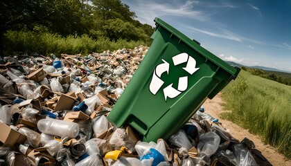 Green Recycling Bin and a Mountain of Trash