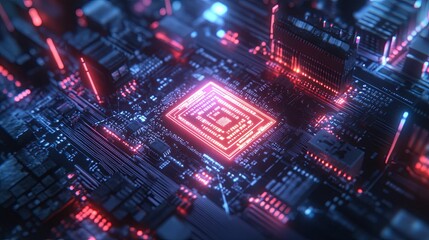 Obraz premium Close-up view of a vibrant circuit board with glowing components.