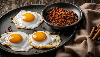 Delicious Fried Eggs with Ground Meat and Cinnamon Sticks