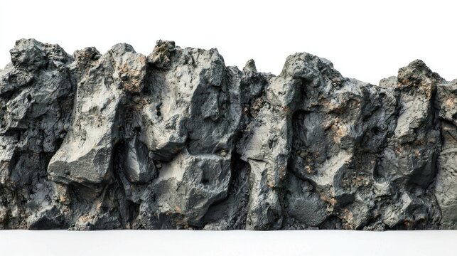 Weathered basalt cliffs with porous textures on white background
