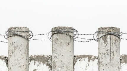 Naklejka premium Weathered concrete pillars with barbed wire wrapped in circular patterns on white background