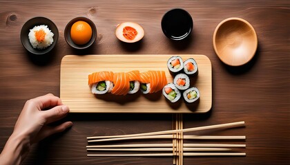 Sushi Rolls on Wooden Board with Chopsticks