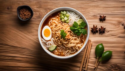 Aromatic Noodles in a White Bowl on a Wooden Surface