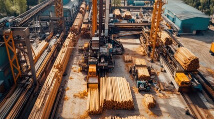 Fototapeta premium Lumberyard vista stacked wood machinery