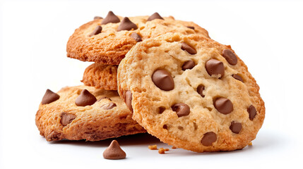 Cookies with chocolate chips stacked on a white background