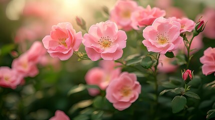 Obraz premium Delicate pink roses blooming in a garden setting.