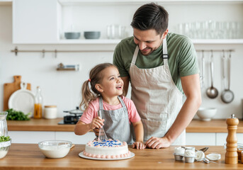 Father and daughter smiling while decorating birthday cake in modern kitchen