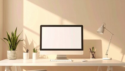 Obraz premium Home office setup inspiration modern workspace desktop computer minimalist environment bright sunlight productivity concept