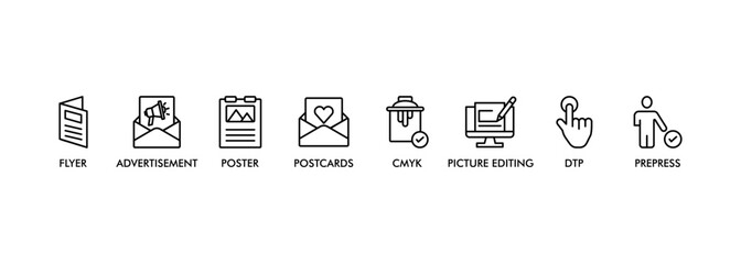 Print banner web icon set vector illustration concept with icon of flyer, advertisement, brochure, poster, postcards, cmyk, picture editing, dtp, and prepress