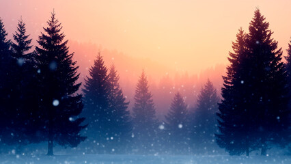 Naklejka premium Magical winter forest at sunset with falling snowflakes, glowing orange light, snowy pine trees, serene landscape, Christmas atmosphere, peaceful nature, dreamy cold season background. Generative Ai