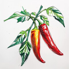 Red chili pepper vegetable crayon childish sketch drawing on plain white background