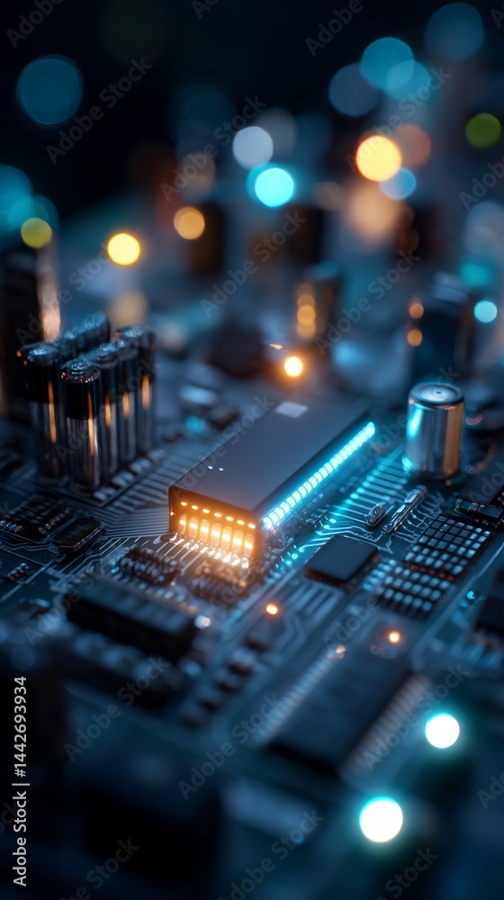 Poster Intricate Circuit Board with Illuminating Microchip and Diffused Bokeh Light
