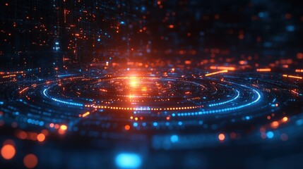 Abstract digital art showing glowing circles and particles in blue and orange.