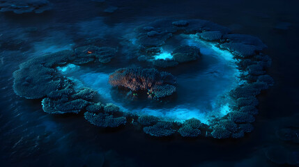 Heart-shaped coral reef glowing with bioluminescence, pulse of the ocean.
