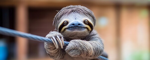 Adorable sloth hangs tightly onto a cable with its claws