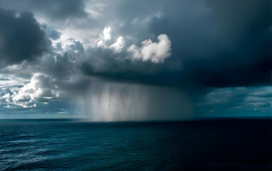 Fototapeta premium The ocean mourns as a cloud cries over its surface, nature's sorrow.