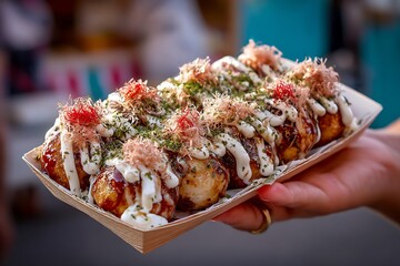 Hot, sizzling Takoyaki octopus balls, topped with creamy mayonnaise, bonito flakes, and scallions, served at a lively Japanese street food festival, capturing the essence of cultural fun.  