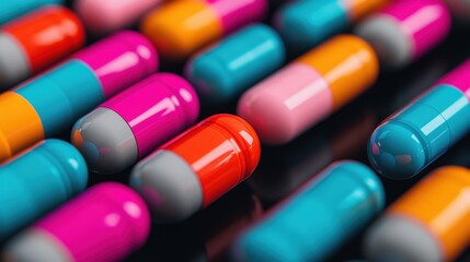 Colorful capsules and pills arranged closely on a dark surface.