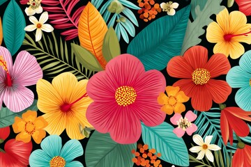 Obraz premium Colorful tropical flowers and leaves creating vibrant jungle pattern