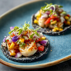Scallop ceviche tostadas on blue corn tortillas garnished with microgreens and colorful diced vegetables served on ceramic plate, offering fresh and vibrant seafood appetizer
