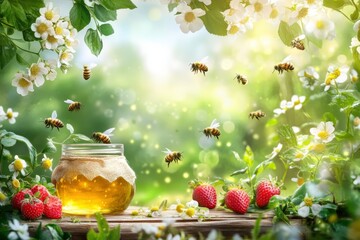 Beautiful summer scene with bees buzzing around a jar of honey, surrounded by fresh strawberries and blooming flowers in a vibrant garden setting