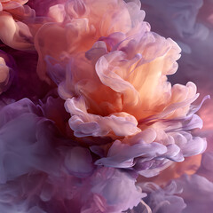 Fototapeta premium Soft blooming flower petals in misty smoke rings create delicate and dreamy abstract scene with warm peach and purple tones evoking calm and beauty