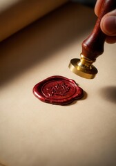 Antique red wax seal stamp on parchment with hand and wooden handle press