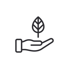 Nature. Human hand palm up. Open palm. Logo template. Environment. Ecology. Harmony of man. Editable stroke. Icon. Save nature. Attitude to nature. Leaf icon. Planet care. Recycling power. Caring