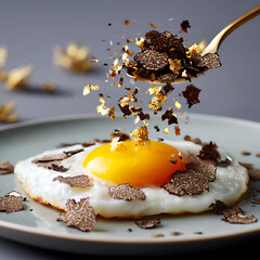 Fried egg topped with black truffle shavings and gold flakes falling from spoon, served on plate with blurred background, creating luxurious and appetizing scene