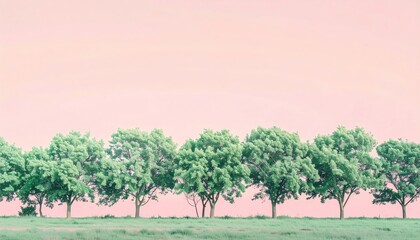 Obraz premium Peaceful landscape of lush green trees against a soft pink sky at dusk nature photography tranquil environment vibrant viewpoint
