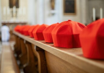 Plakat Row of red birettas (cardinals' hats) on oak bench symbolizing patience and expectation during papal conclave