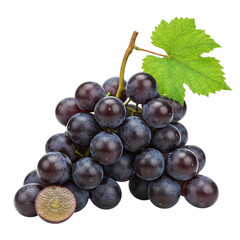 Fresh Dark Purple Grapes with Green Leaf Isolated on White Background – Juicy Organic Black Grapes Ideal for Wine Production, Healthy Diet, and Food Design Projects
