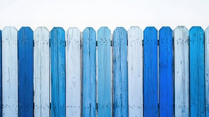 Fototapeta premium Wooden fences in gradient shades from light blue to dark blue on white surface.