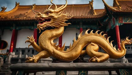 Fototapeta premium Golden Dragon Statue in Chinese Temple