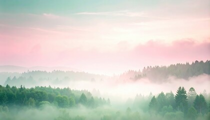 Obraz premium Serene morning mist landscape forested hills aerial photography tranquil nature scene soft light dreamy atmosphere