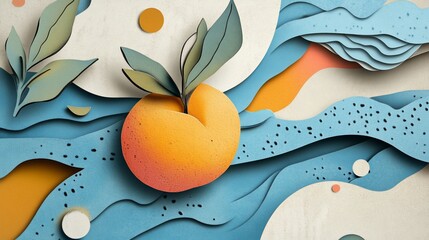 Stylized paper cut illustration of a ripe peach with layered backgrounds